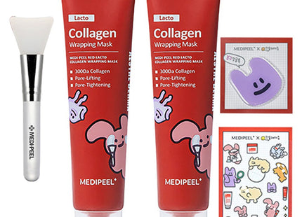 MEDIHEAL  Red Lacto Collagen Wrapping Mask 70g x 2p + Silicone Brush + Dandelion Heart Sticker + Smart Tok Random Set, 1 Count