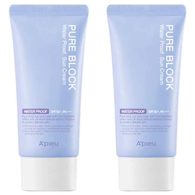 APIEU  Pure Block Natural Waterproof Sunscreen SPF50+ PA+++, 50ml, 2 Count
