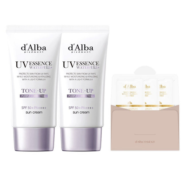 D'ALBA  Waterful Tone-Up Sun Cream Purple SPF50+ PA++++ 50ml x 2p + Serum Cleanser 3ml x 3p Set, 1 Set