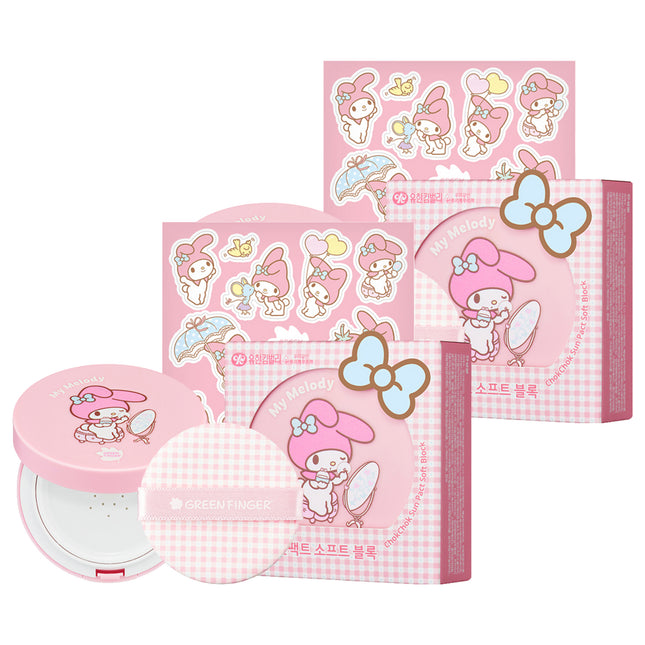 GREENFINGER  Moist Sun Pact Soft Block My Melody Edition SPF50+ PA++++ 16g + My Melody Sticker Set, 2 Count