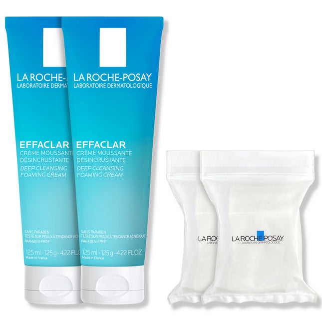 LA ROCHE-POSAY  Effaclar Deep Cleansing Foaming Cream + Cotton Pads 30p Set, 125ml, 2 Count