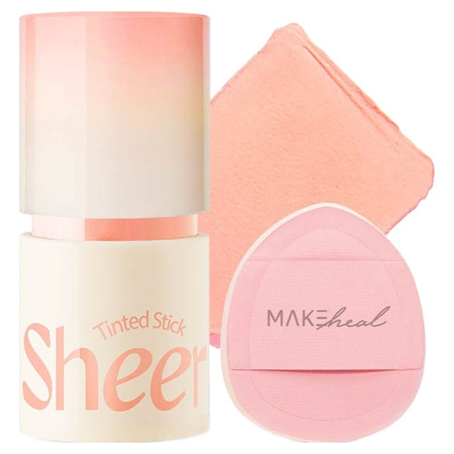 MAKEHEAL  Tinted Sheer Stick Blusher Blusher + Finger Puff Set, 07 Sheer Mellow Peach, 1 Count