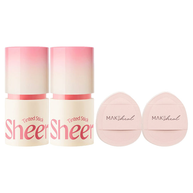 MAKEHEAL  Tinted Sheer Stick Blusher 6g + Finger Puff Set, 03 Sheer Pink Frolly, 2 Count