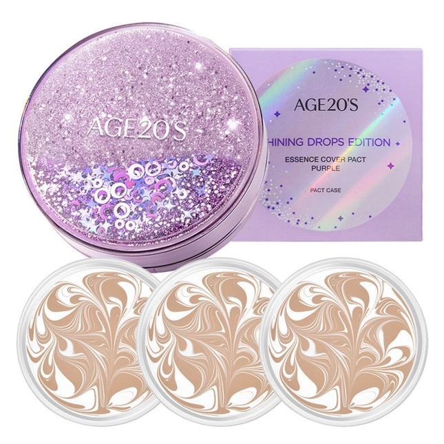 AGETWOVENUS  Shining Drops Edition New Original Essence Cover Pact Case Purple + Refill 12.5g x 3p, 21 White Latte, 1 Unit