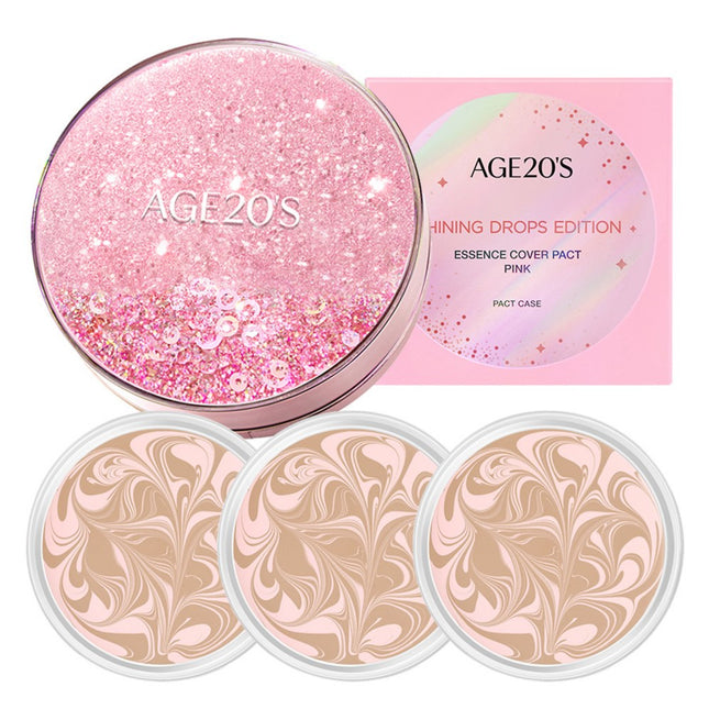 AGETWOONIES  Essence Cover Pact New Original Shining Drops Edition Pink Case + Refill 12.5g x 3p, 21 Pink Latte, 1 Each
