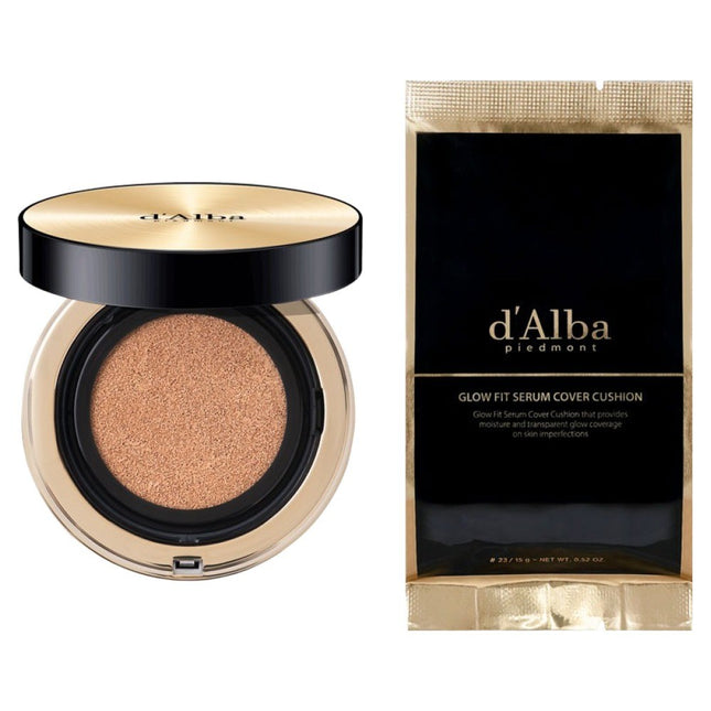 D'ALBA D'Alba Glow Fit Serum Cushion Foundation SPF50+ PA++++ 15g + Refill 15g Set, Shade 23