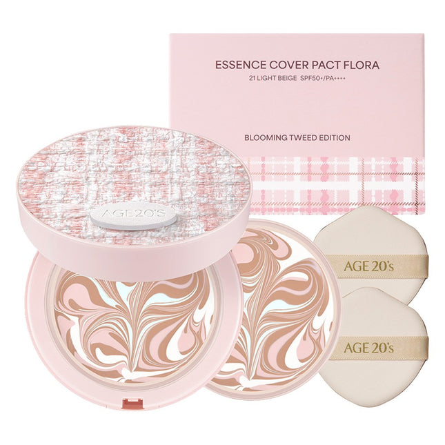 AGETWOONIS  Essence Cover Pact Flora Blooming Tweed Edition 14g + Refill Set, Shade 21 Light Beige, 1 Unit
