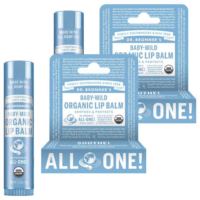 DR. BRONNER'S  Organic Lip Balm, Baby Mild, 0.15 oz, 2 Pack