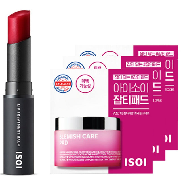 ISOI  Lip Treatment Balm + Blemish Care Serum Pad 3 Pack, Pure Red, 5g, 1ea