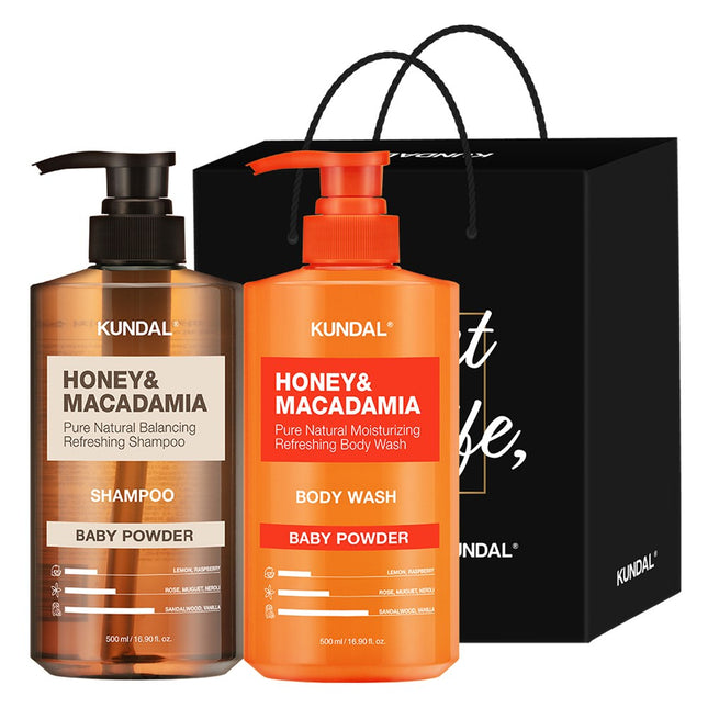KUNDAL  Shampoo 500ml + Body Wash 500ml Duo Gift Set E Baby Powder + Shopping Bag Black, 1 Set