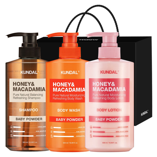 KUNDAL  Shampoo 500ml + Body Wash 500ml + Body Lotion 500ml Gift Set C Baby Powder + Shopping Bag Black, 1 Set