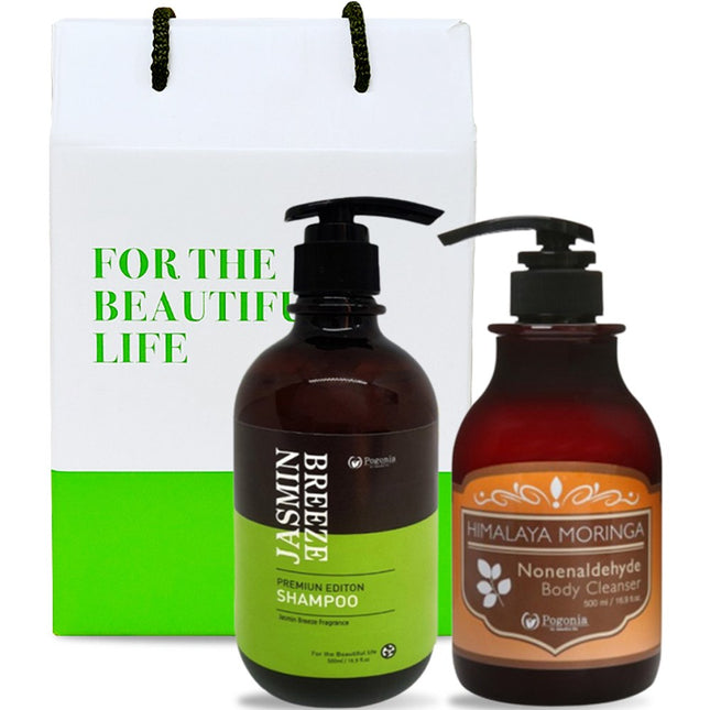 POGONIA  Jasmine Shampoo 500ml +  Nonenaldehyde Body Cleanser 500ml Gift Set, 1 Set