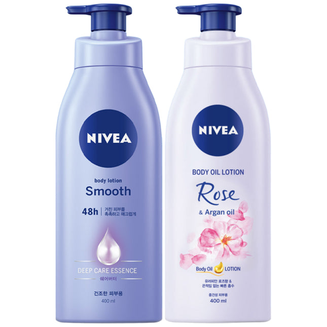 NIVEA  Smooth Body Lotion 400ml + Rose Argan Body Oil Lotion 400ml Set