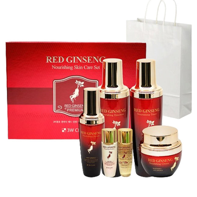 3W CLINIC  Red Ginseng Nourishing Skincare Basic Cosmetics 4-Piece Set + Shopping Bag, 1 Set