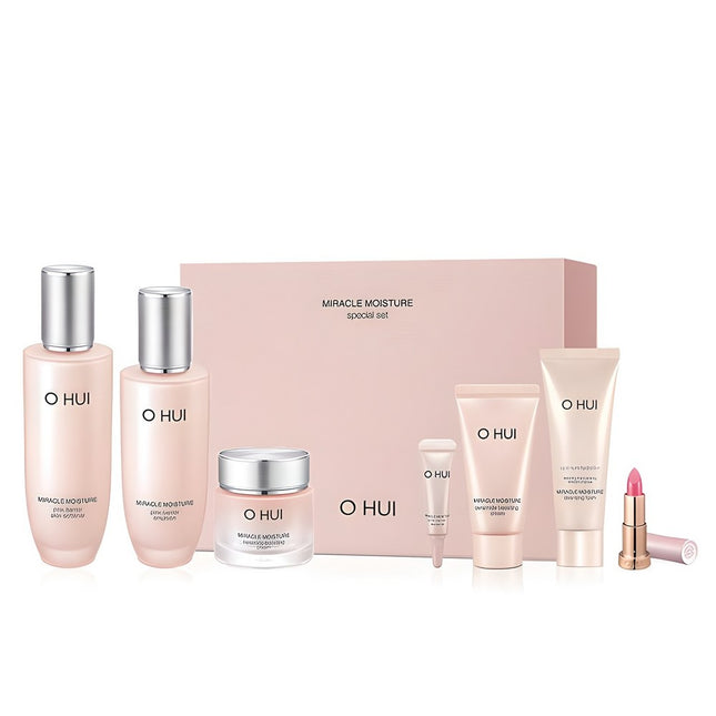 OHUI  Miracle Moisture Pink Barrier Skin 150ml + Emulsion 130ml + Cream 30ml + NEW Rouge Real Mini + Essence 4ml + Cream 25ml + Cleansing Foam 40ml, 1 Set