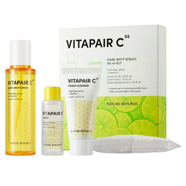NATURE REPUBLIC  Vita Pair C Dark Spot Serum 90ml + Toner 30ml + Foam Cleanser 30ml + Cotton Pads 10p Set, 1 Set