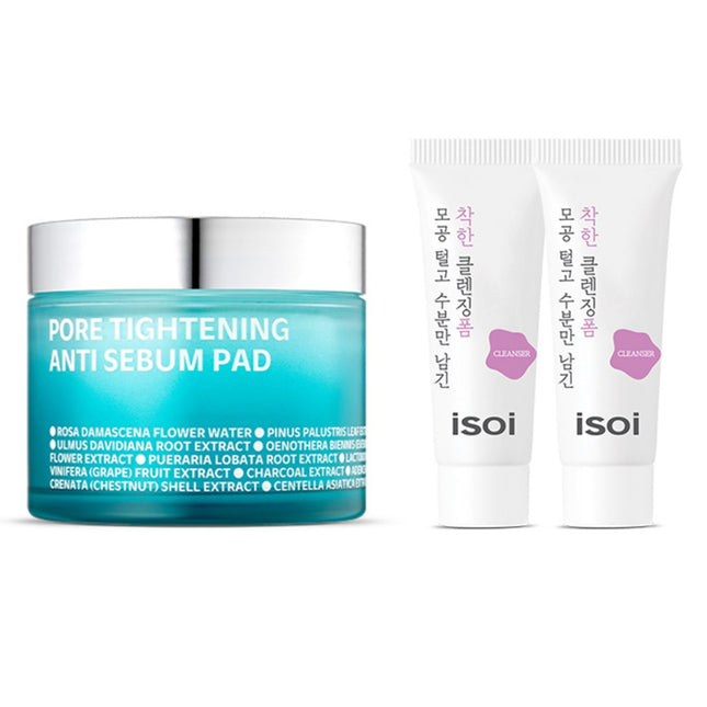 ISOI  Pore Tightening Anti-Sebum All-Kill Pad 170g 60p + Moisture Cleansing Foam 7ml 2p Set, 1 Count