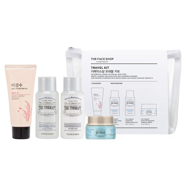 THE FACE SHOP  Travel Kit Cleansing Foam 30ml + Treatment 32ml + Emulsion 32ml + Cream 10ml + Pouch Set, 1 Count