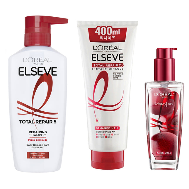L'ORÉAL PARIS  Extraordinary Oil Cherry Blossom 100ml + Total Repair 5 Hair Mask 400ml + Total Repair 5 Shampoo 400ml, 1 Set