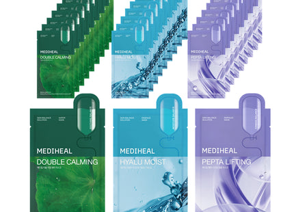 MEDIHEAL  Double Calming Water Mask + Hyal Moisture Essence Mask + Pep-Tight Lifting Ampoule Mask, 30 Count, 1 Pack