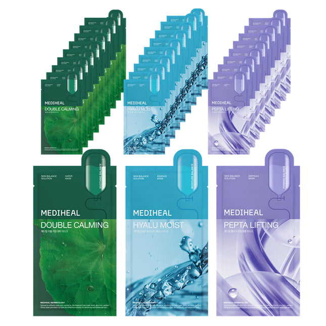 MEDIHEAL  Double Calming Water Mask + Hyal Moisture Essence Mask + Pep-Tight Lifting Ampoule Mask, 30 Count, 1 Pack