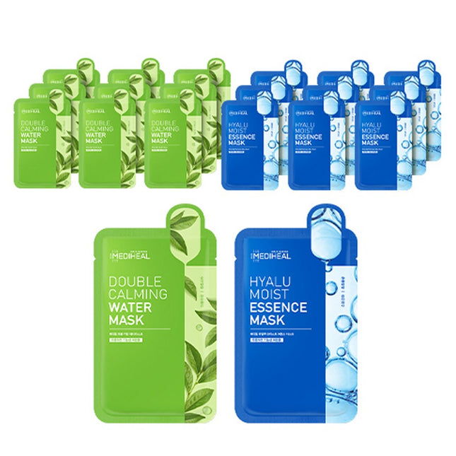 MEDIHEAL  Double Calming Water Mask + Hyalmoist Essence Mask, 20 Count, 1 Pack