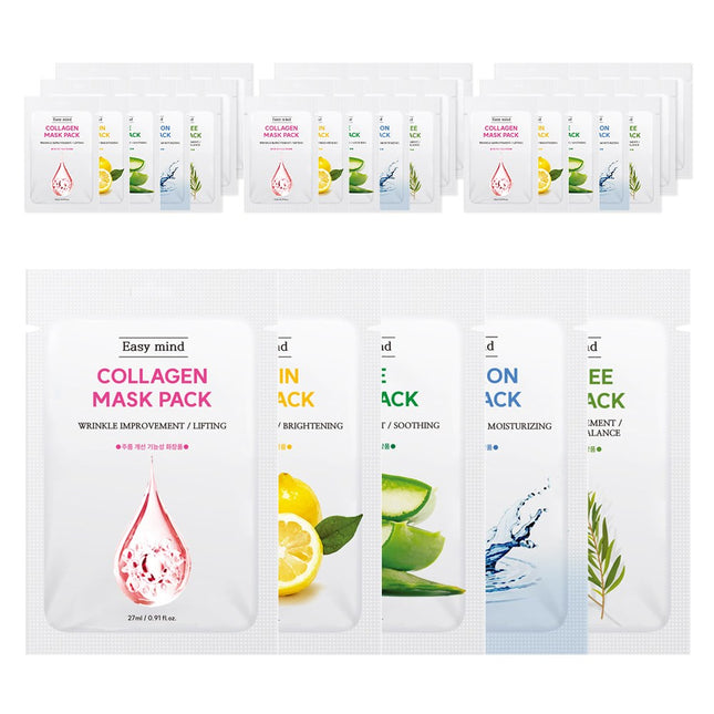 EASYMIND  Aloe 10ea + Collagen 10ea + Vitamin 10ea + Tea Tree 10ea + Hyaluronic 10ea, 50 Sheets, 1 Pack