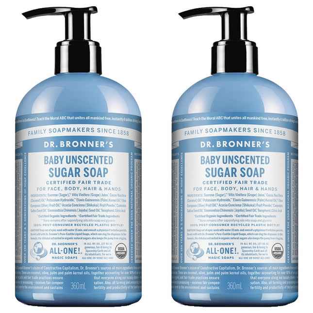 DR. BRONNER'S  Baby Unscented Pure-Castile Liquid Soap 360ml 2-Pack