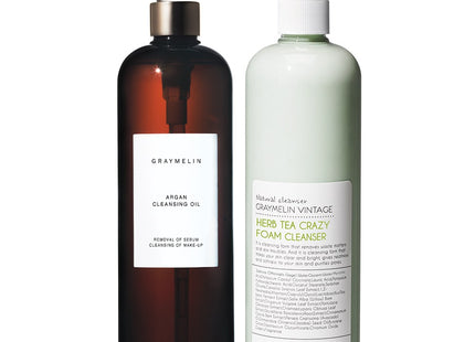 GRAYMELIN  Argan Cleansing Oil 500ml + Crazy Large Capacity Foam Cleanser Herb Tea 500ml, 1 Set