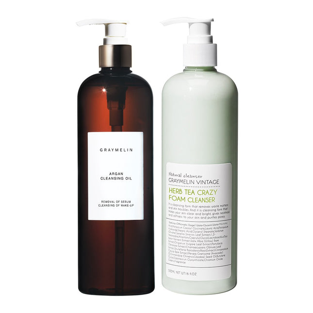 GRAYMELIN  Argan Cleansing Oil 500ml + Crazy Large Capacity Foam Cleanser Herb Tea 500ml, 1 Set