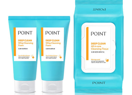 POINT Point Deep Clean Whip Cleansing Foam 175ml x 2p + All-in-One Cleansing Tissue 80p Set, 1 Set