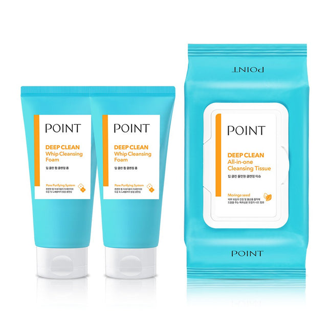 POINT Point Deep Clean Whip Cleansing Foam 175ml x 2p + All-in-One Cleansing Tissue 80p Set, 1 Set