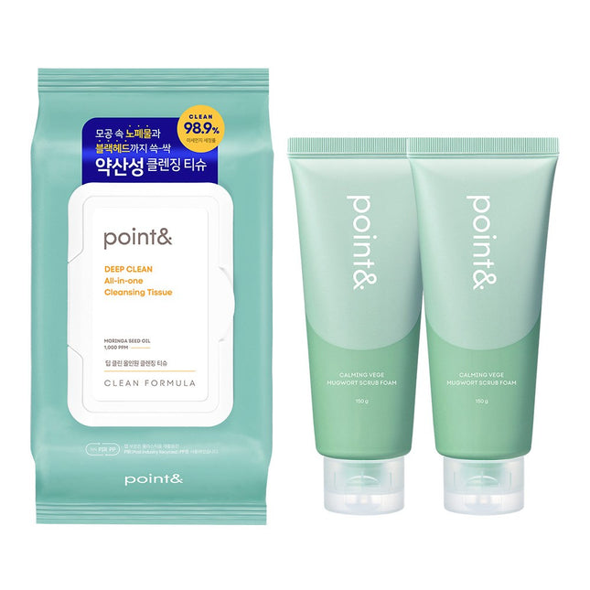 POINT &  Deep Clean All-in-One Cleansing Tissue 80ea 1p +  Soothing Veggie Mugwort Scrub Foam 150g 2p, 1 Set