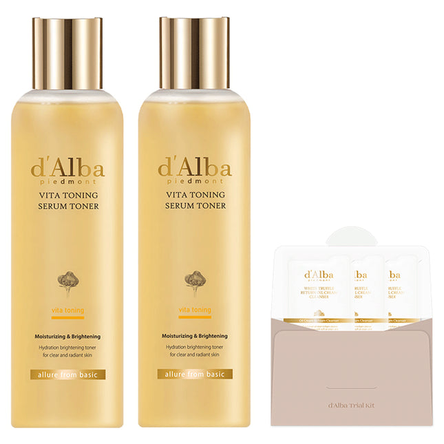 D'ALBA  Vita Toning Serum Toner 180ml x 2p + Serum Cleanser 3ml x 3p Set, 1 Set