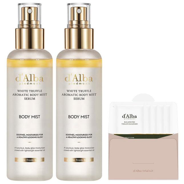 D'ALBA  White Truffle Aromatic Body Mist Serum 180ml x 2p + Balancing Vegan Cleanser 3ml x 5p, 1 Set