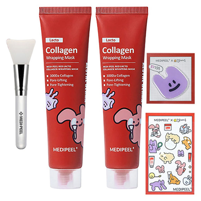 MEDIHEAL  Red Lacto Collagen Wrapping Mask 70g x 2p + Silicone Brush + Dandelion Heart Sticker + Smart Tok Random Set, 1 Count