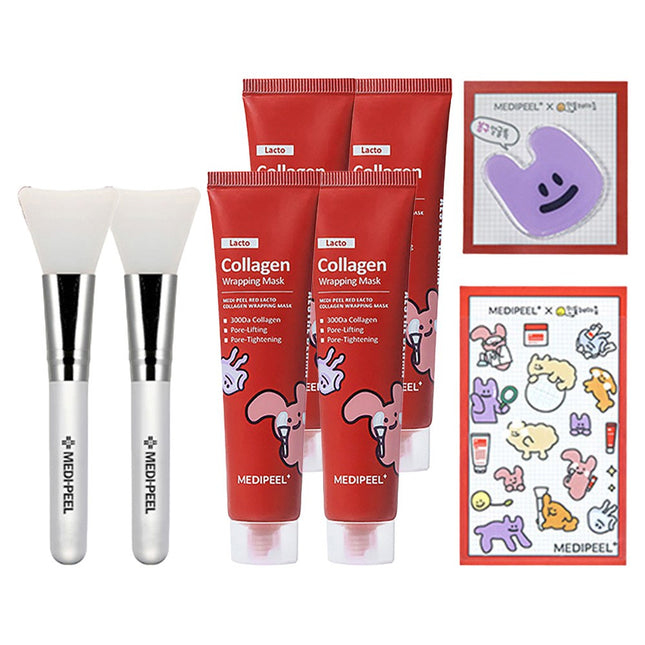 MEDI-PEEL  Red Lacto Collagen Wrapping Mask 70g x 2p + Silicone Brush + Dandelion Mind Sticker + Smart Tok Random Set