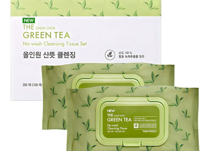 TONYMOLY  The Chok Chok Green Tea No Wash Cleansing Tissue Set, 100 Count, 2 Pack