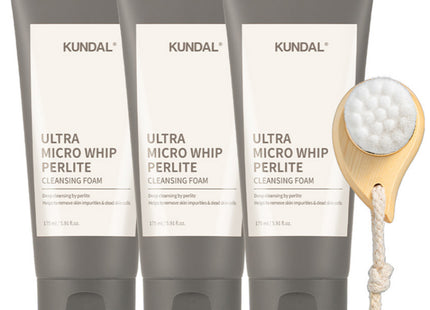 KUNDAL  Ultra Micro Whip Pearlite Cleansing Foam 175ml x 3p + 2 Types of Pore Brush Set, 1 Set