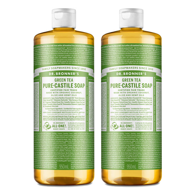 DR. BRONNER'S Dr Bronners Pure Castile Soap Face & Body Wash Green Tea 950ml 2 Pack